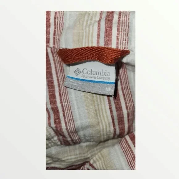Columbia Button Up Shirt Mens Size M Short Sleeve Beige Red Gray Stripe - Picture 7 of 8